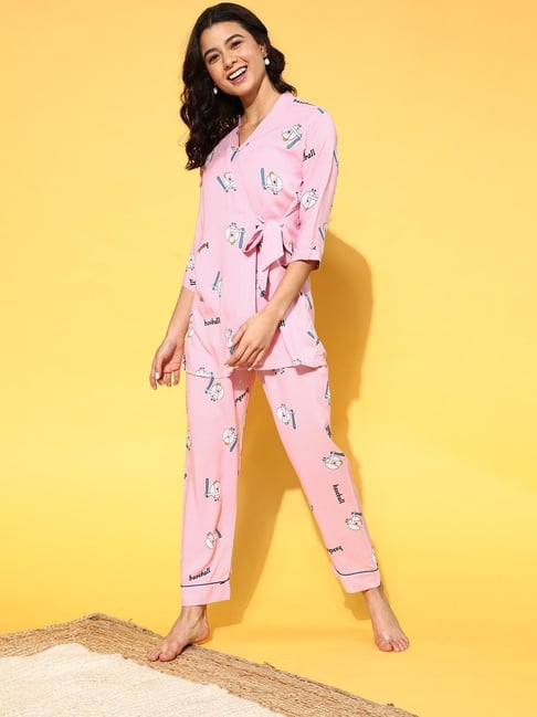 Sweet Dreams Light Peach Rayon Geometric Pyjama Set-picture-33