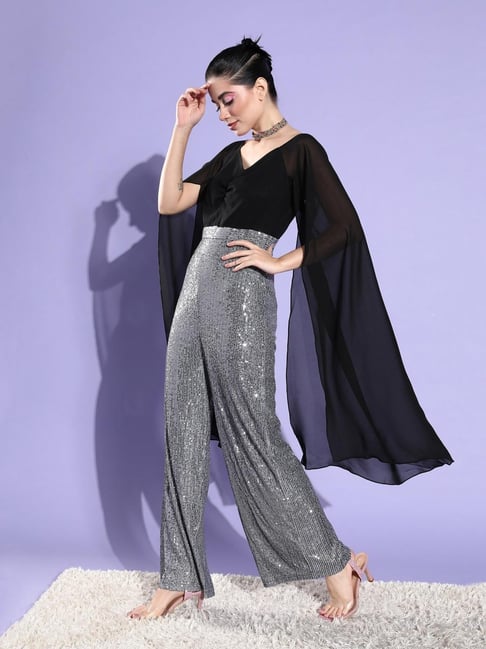Miss Chase Black Silver Polyester Embellished Long Sleeves Jumpsuit