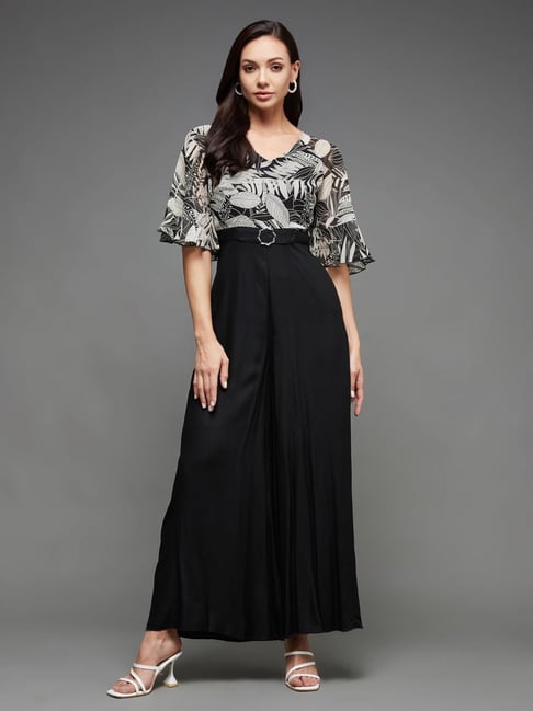 Miss Chase Black Polyester Floral Short Sleeves Jumpsuit