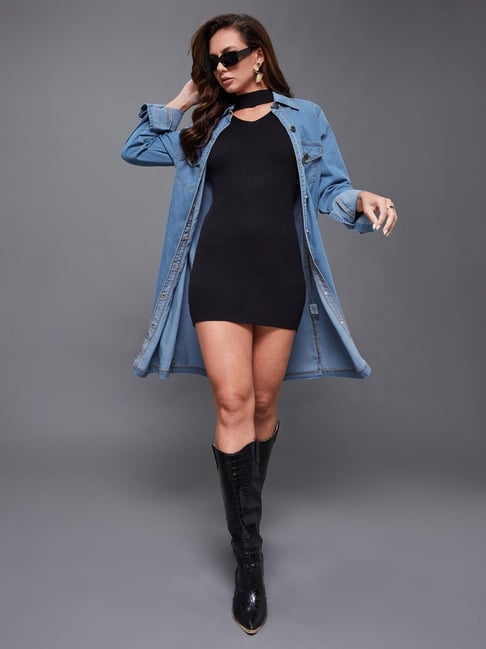 Miss Chase Blue Cotton Solid Long Sleeves Shrug