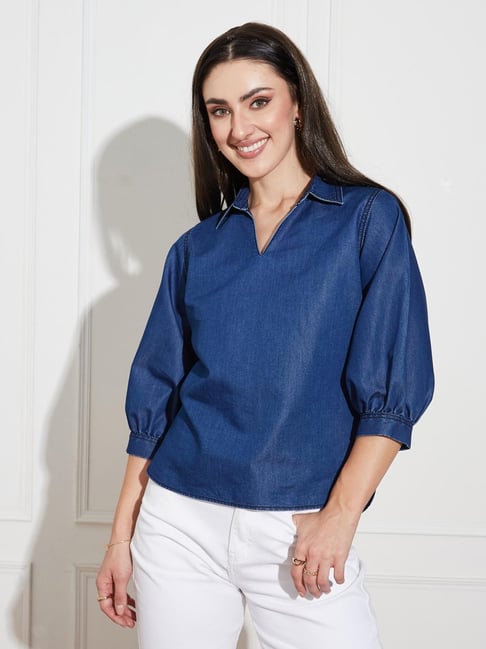 Miss Chase Dark Blue Cotton Polyblend Solid Three-Quarter Sleeves Top-picture-27