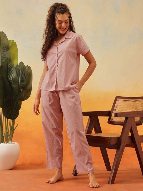 Clovia Pink Cotton Regular Fit Night Suit-picture-29
