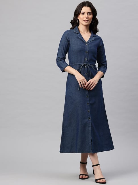 Cottinfab Blue Solid Denim Dress