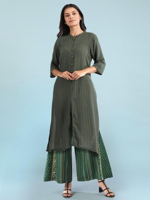 Aurelia Green Rayon Solid Kurti With Culottes Set