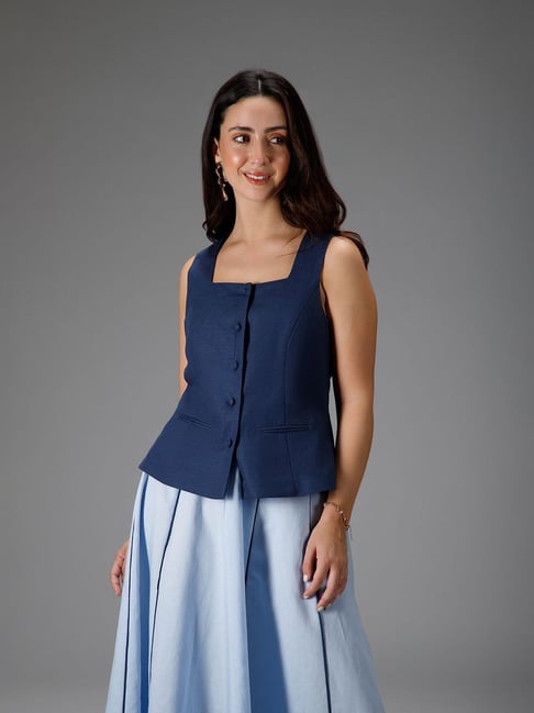 B77 Navy Blue Cotton Linen Regular Fit Top