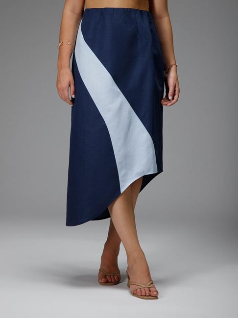 B77 Navy Blue Cotton Linen Regular Fit Skirt-picture-35