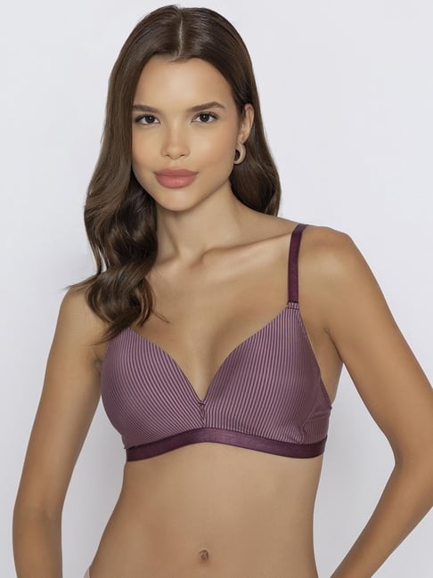 Chelvet Maroon Nylon Striped Lightly Padded Non-Wired Medium Coverage T-Shirt Bra-picture-10