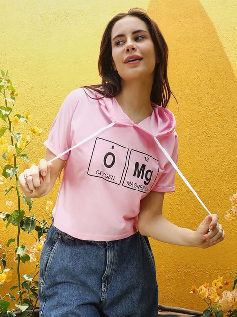 Campus Sutra Pink Cotton Regular Fit Printed Top