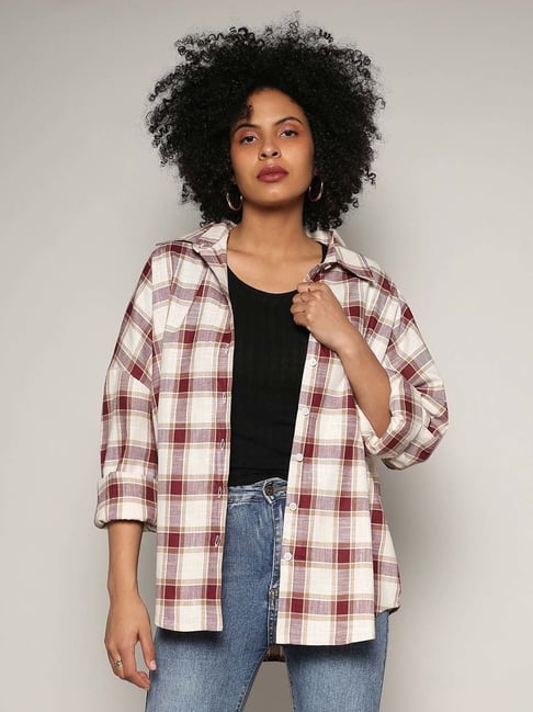 Campus Sutra Maroon Cotton Regular Fit Checked Shirt-picture-19