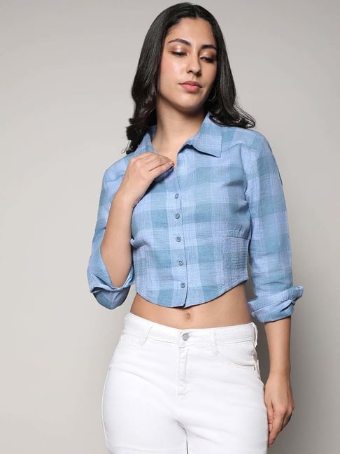 Campus Sutra Blue Cotton Regular Fit Checked Shirt-picture-44