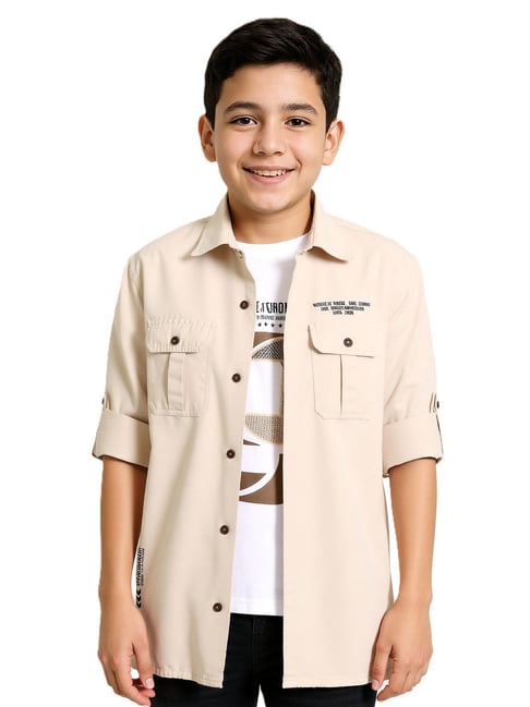 Charchit Boys Cream Cotton Printed Regular Fit Shirt