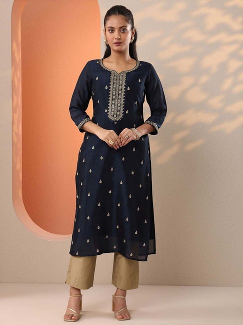 Libas Navy Blue Straight Fit Embroidered Kurta-picture-29