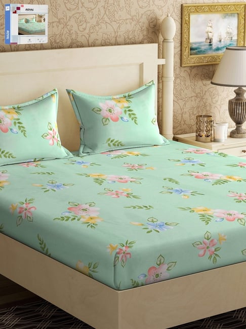 Klotthe Green Cotton Blend Printed 300 TC King Flat Bedsheet with 2 Pillow Covers-picture-45