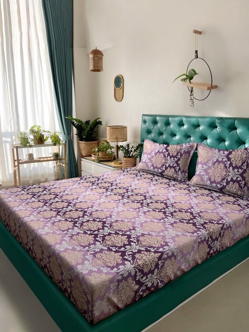 Klotthe Purple Cotton Blend Printed 300 TC King Flat Bedsheet with 2 Pillow Covers-picture-34