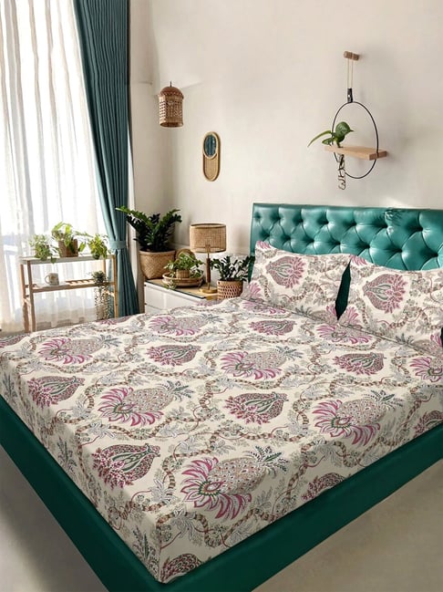 Klotthe Multicolor Cotton Blend Printed 300 TC King Flat Bedsheet with 2 Pillow Covers-picture-24