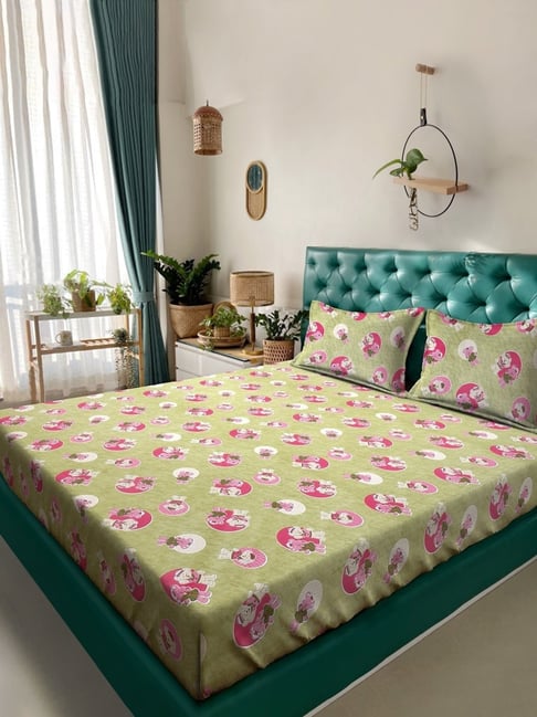 Klotthe Green Cotton Printed 400 TC King Flat Bedsheet with 2 Pillow Covers-picture-42