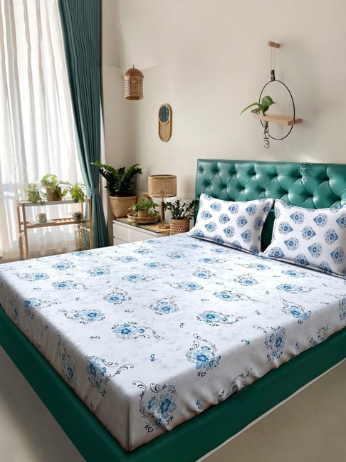 Klotthe Blue Cotton Printed 400 TC King Flat Bedsheet with 2 Pillow Covers-picture-11