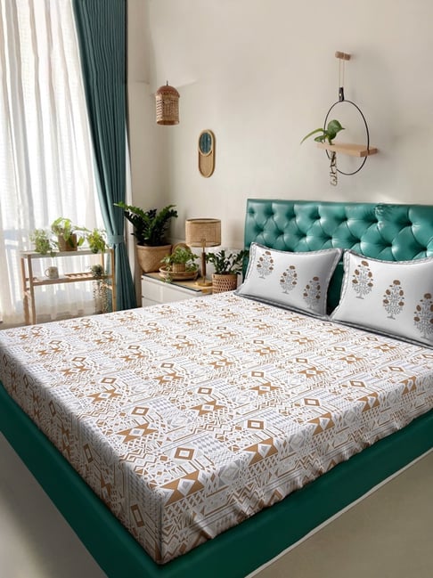 Klotthe Mustard Cotton Printed 400 TC King Flat Bedsheet with 2 Pillow Covers-picture-35