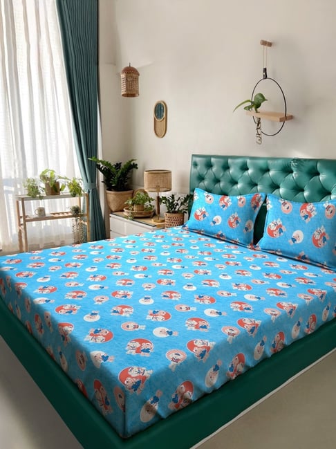 Klotthe Blue Cotton Printed 400 TC King Flat Bedsheet with 2 Pillow Covers-picture-24