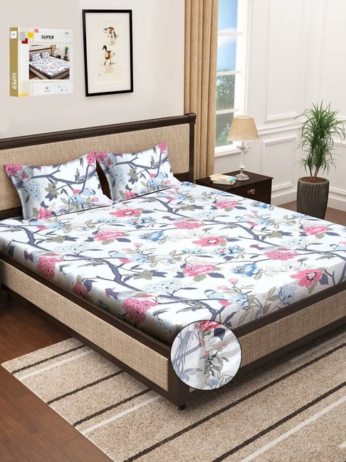 Klotthe Multicolor Cotton Blend Printed 300 TC King Fitted Bedsheet with 2 Pillow Covers-picture-34