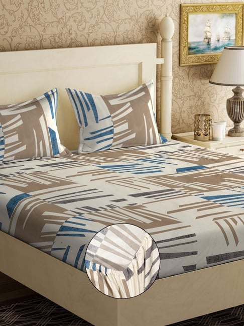 Klotthe Multicolor Cotton Blend Printed 300 TC King Fitted Bedsheet with 2 Pillow Covers-picture-27