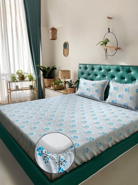 Klotthe Blue Cotton Printed 400 TC King Fitted Bedsheet with 2 Pillow Covers-picture-35