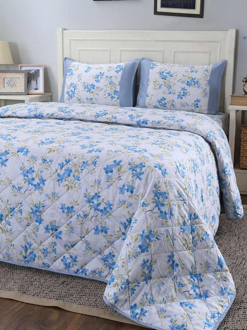 Maspar Eclectic Garden Blue Cotton Blend Printed 200 TC Double Quilt