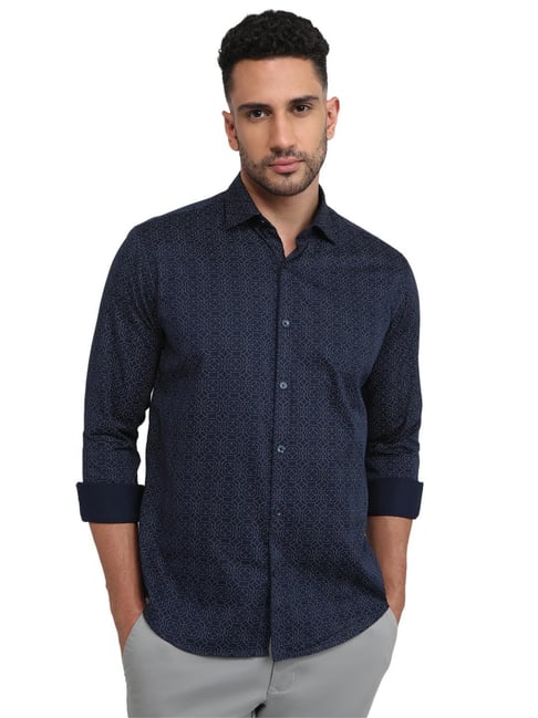 Park Avenue Dark Blue Cotton Printed Slim Fit Shirt