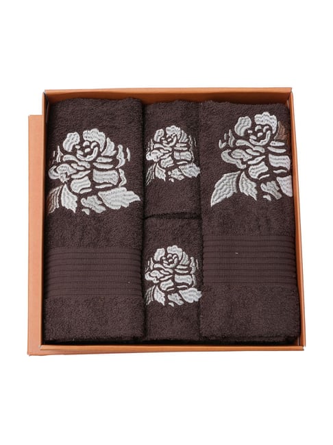 Maspar Brown Cotton Embroidery Bath & Hand Towel - Set of 4