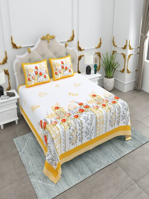 JaipurFabric Yellow Cotton Printed 240 TC King Size Bedsheet with 2 Pillow Covers-picture-28
