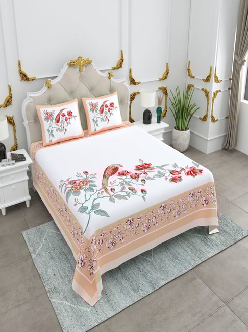 JaipurFabric Peach Cotton Printed 240 TC King Size Bedsheet with 2 Pillow Covers-picture-25
