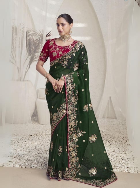 Odette Green Organza Embroidered Saree With Unstitched Blouse-picture-27