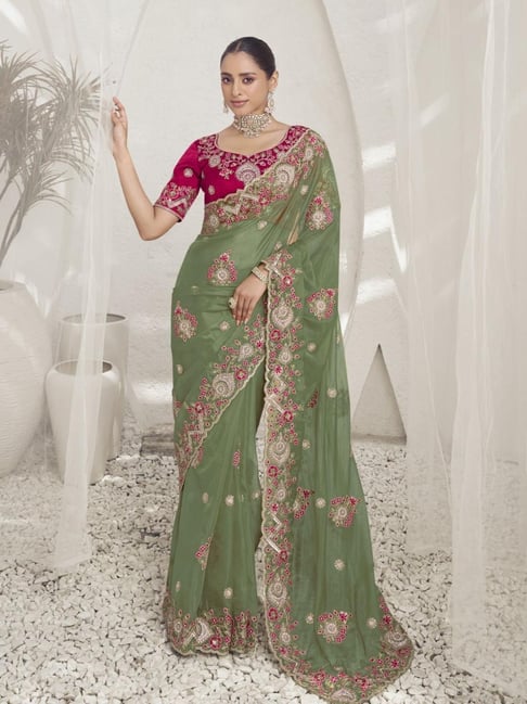 Odette Light Green Organza Embroidered Saree With Unstitched Blouse-picture-34