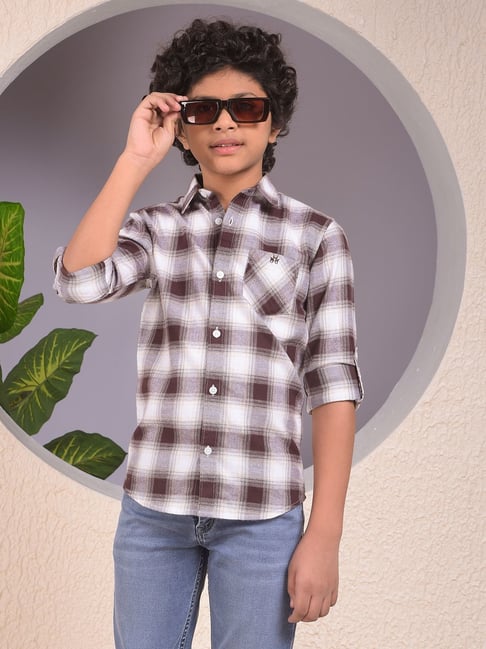 Crimsoune Club Boys Brown Cotton Slim Fit Chequered Shirt-picture-18