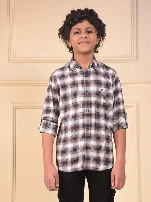 Crimsoune Club Boys Brown Cotton Slim Fit Chequered Shirt-picture-19