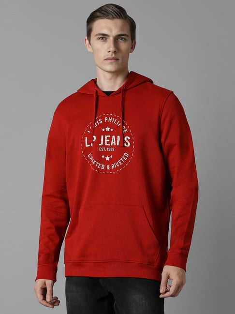 Louis Philippe Red Cotton Regular Fit Printed Hooded Sweatshirt-picture-32