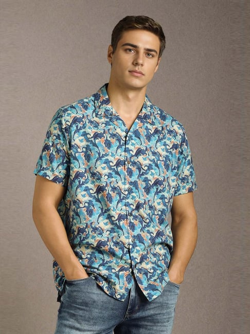 Louis Philippe Blue Cotton Slim Fit Printed Shirt