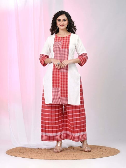 Charukriti White Cotton Regular Fit Checked Kurta