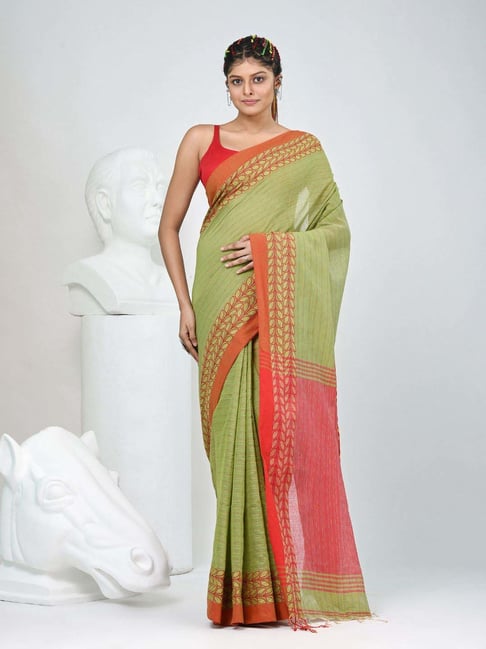 Charukriti Green & Red Cotton Woven Design Saree With Unstitched Blouse-picture-12