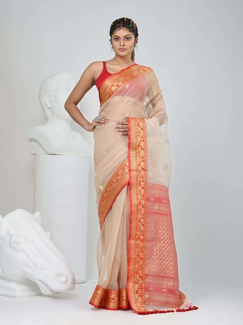 Charukriti Beige Zari Saree With Unstitched Blouse-picture-14