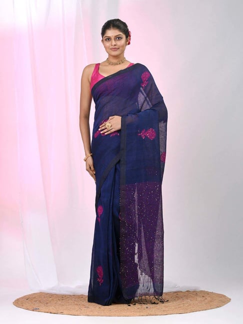Charukriti Navy Blue Linen Embroidered Saree With Unstitched Blouse-picture-16