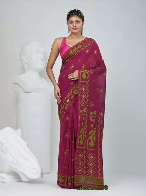 Charukriti Magenta Cotton Woven Design Saree With Unstitched Blouse-picture-37