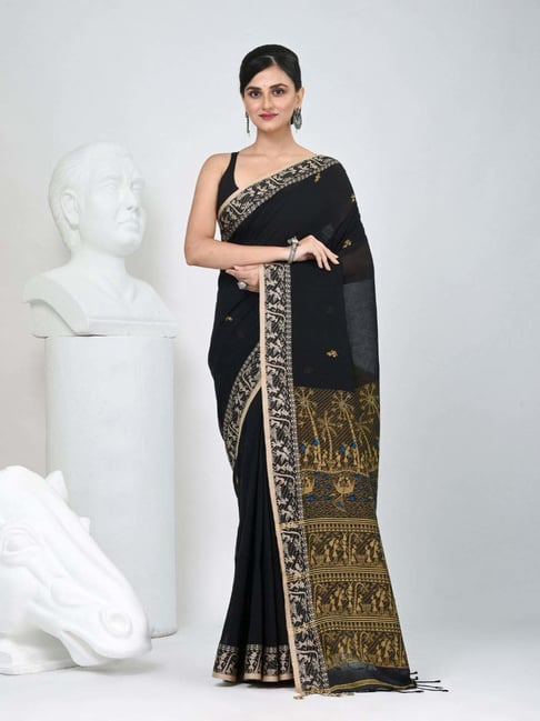 Charukriti Black Cotton Woven Design Saree With Unstitched Blouse-picture-44