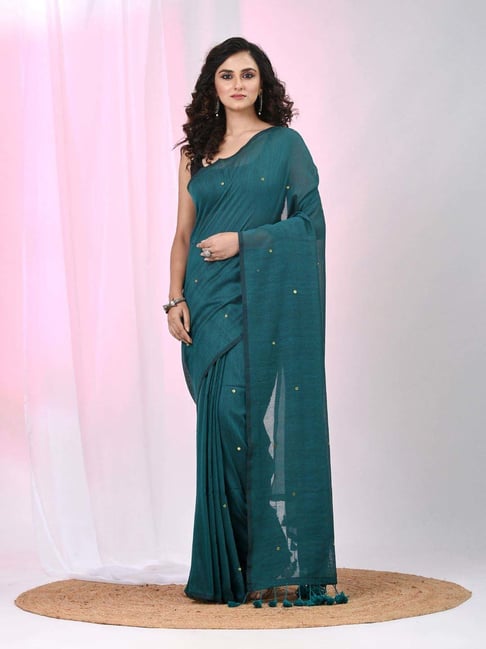 Charukriti Teal Cotton Embellished Saree With Unstitched Blouse-picture-30