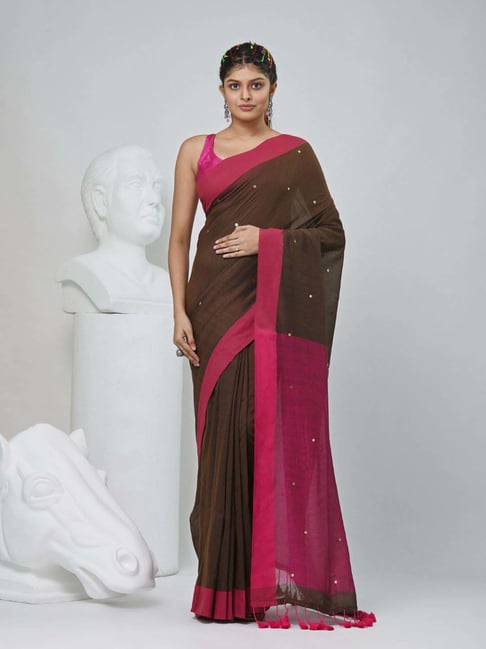 Charukriti Brown & Pink Cotton Embellished Saree With Unstitched Blouse-picture-18