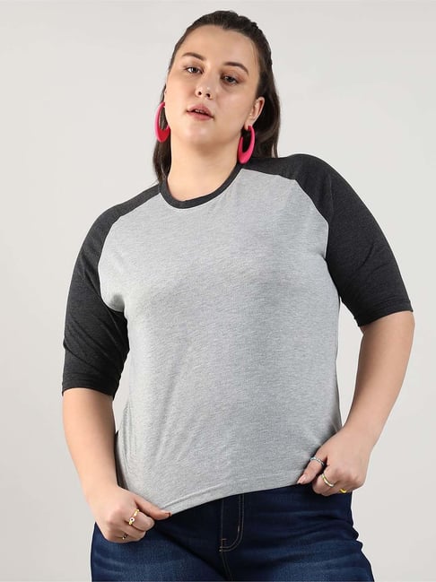 Instafab Plus Grey Cotton Regular Fit Color-Block Top