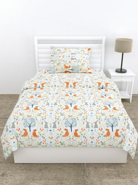 Haus & Kinder Woodland Multicolor Printed 210 TC Single Flat Bedsheet with 1 Pillow Cover