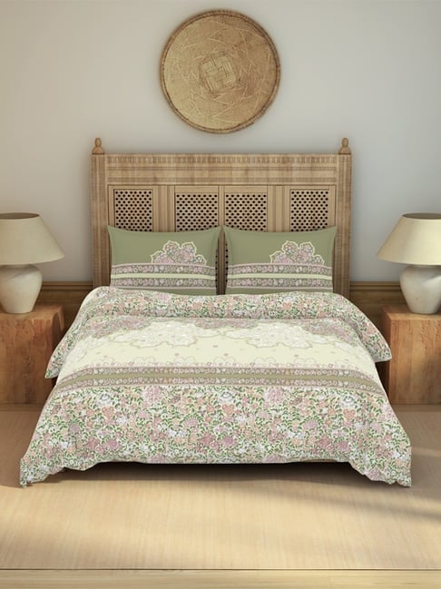 Spaces Paper Mache Light Yellow Cotton Floral 210 TC Double Bedsheet with 2 Pillow Covers-picture-33