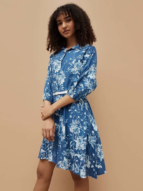Colour Me By Melange Blue Regular Fit Floral Print Dress-picture-46