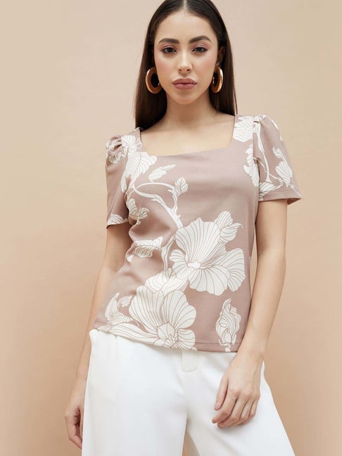 Code By Lifestyle Light Brown Regular Fit Floral Print Top